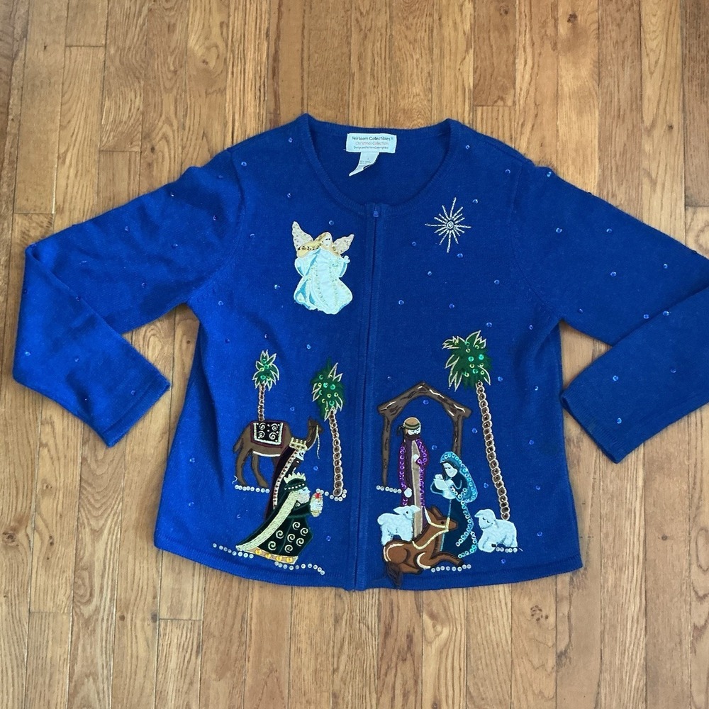 VTG Heirloom Collectibles Nativity Christmas Knit Sweater Novelty Holiday Blue L